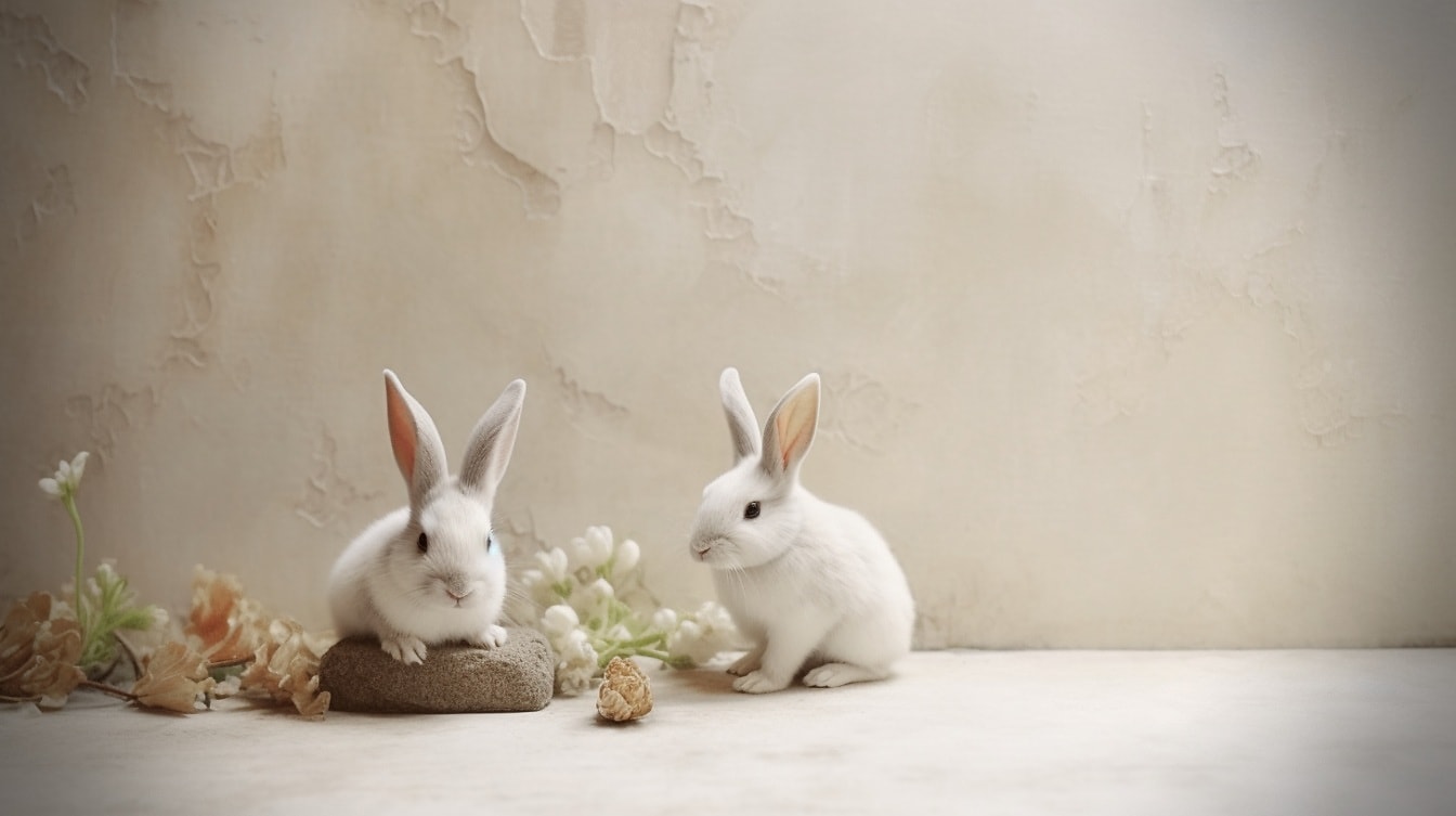 Илюстрация на очарователни великденски зайци на бежов фон