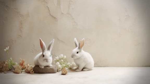 Ilustrasi kelinci Paskah yang menggemaskan dengan latar belakang krem