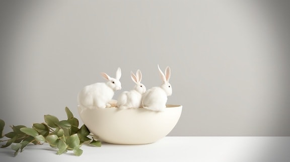 Illustration of three white bunny rabbits in beige ceramic bowl