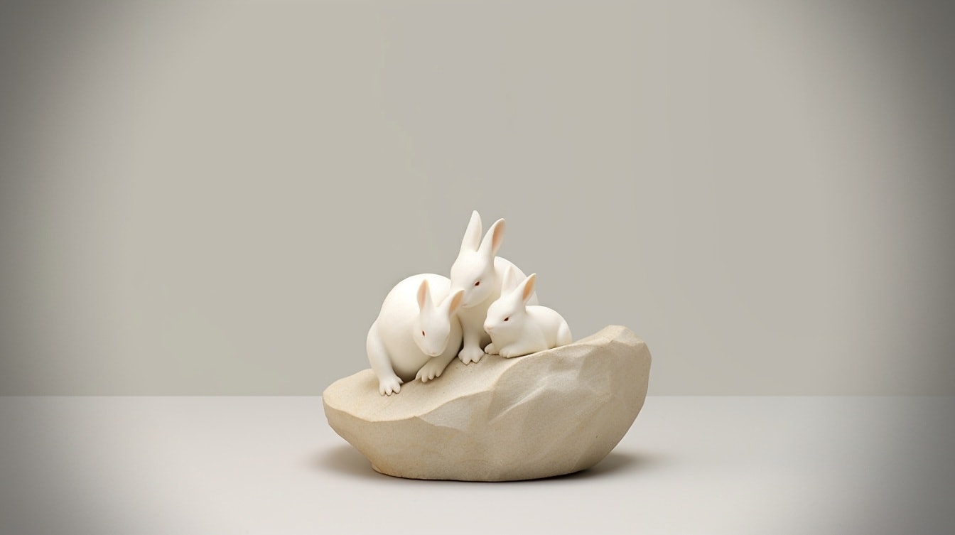 Ceramiczna figurka trzech króliczków albinosów na marmurowym beżowym kamieniu