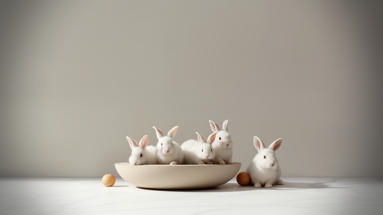 Группа очаровательных кроликов-альбиносов в бежевой миске