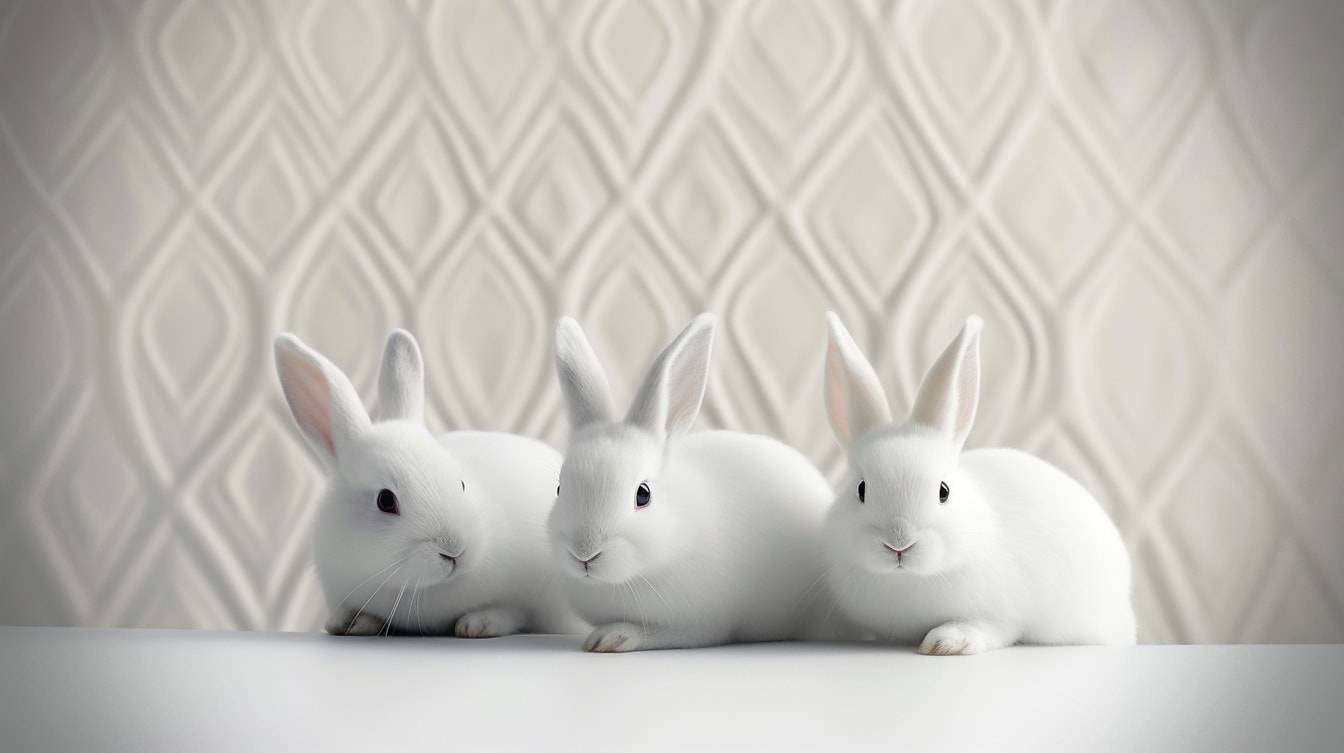 Three purebred white rabbits with black eyes