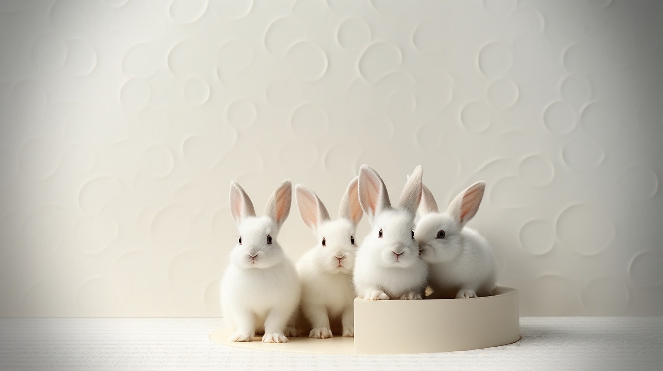 Illustrasjon av gruppe søte hvite kaniner med beige bakgrunn