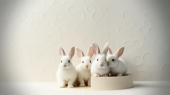 Illustration of group of adorable white rabbits with beige background
