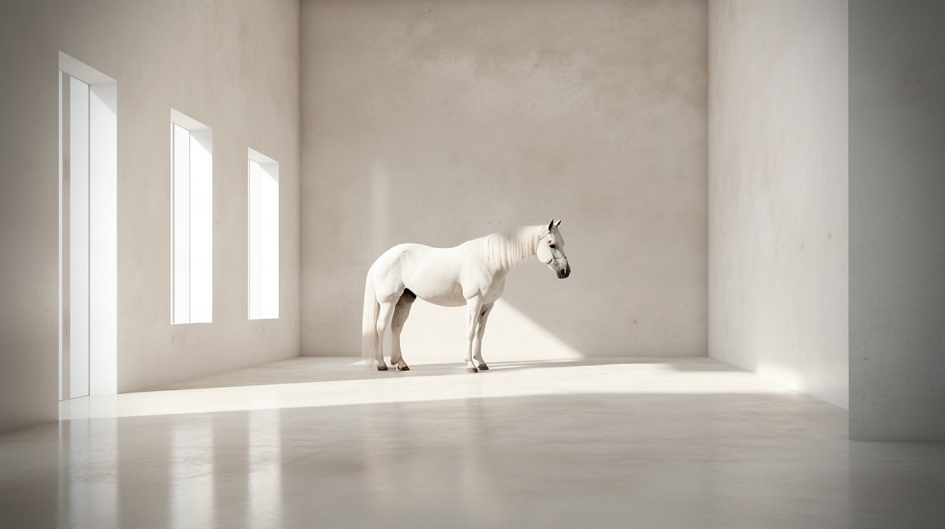 Biely lipicanský žrebec stojaci v prázdnej miestnosti