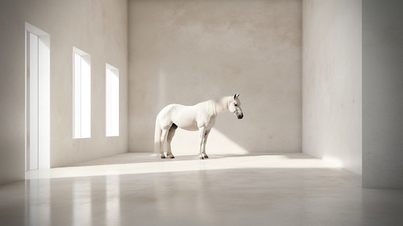 Kuda jantan Lipizzaner putih berdiri di ruangan kosong