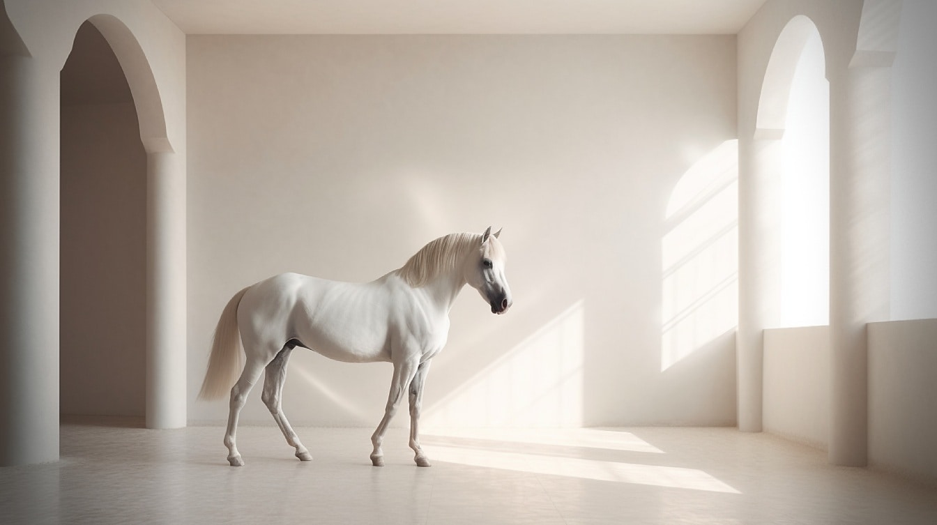 Semental caballo lipizzano blanco de pie en una habitación blanca vacía