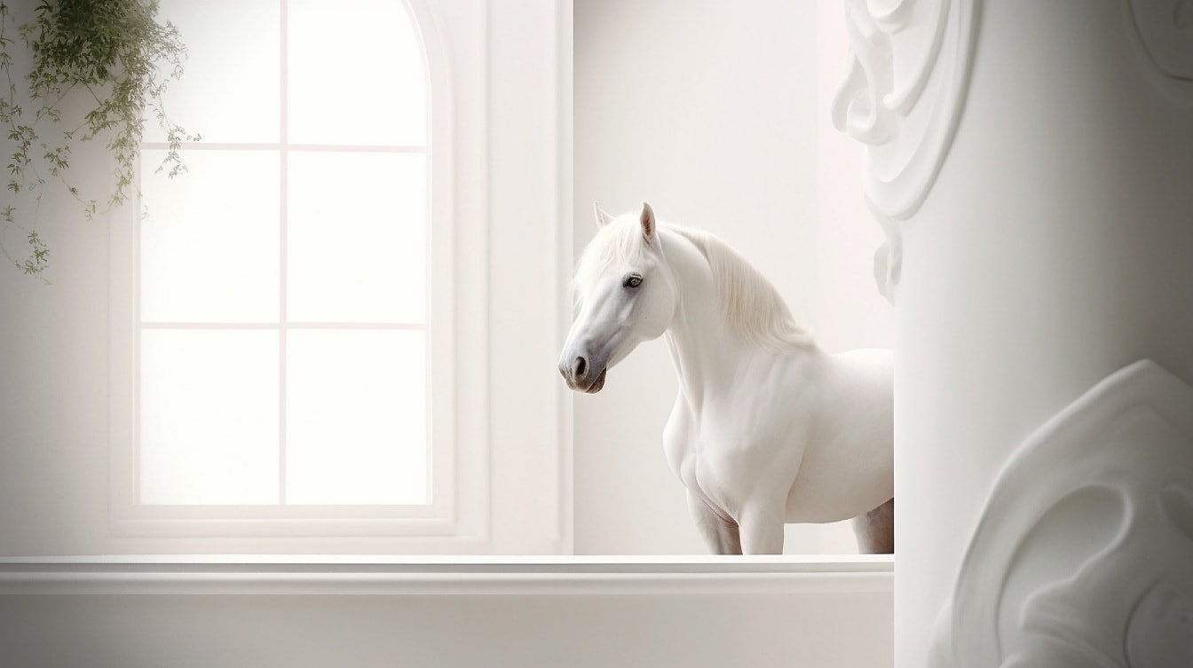 Illustrasjon av majestetisk hvit hest i tomt rom