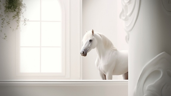Illustration of majestic white horse in empty room