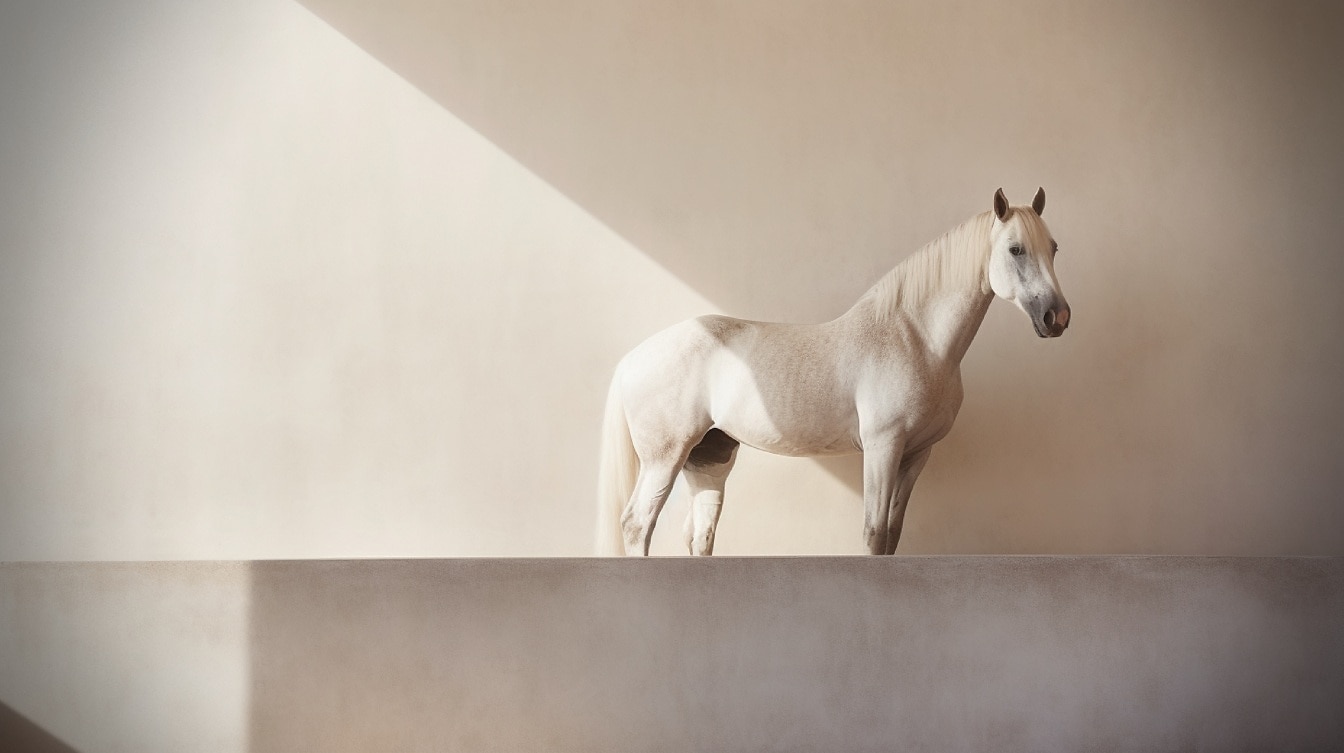 空っぽのベージュの部屋に立っている白いリピッツァーナー種牡馬
