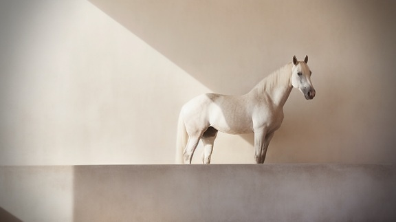Bijeli lipicanac pastuh konj stoji u praznoj bež sobi