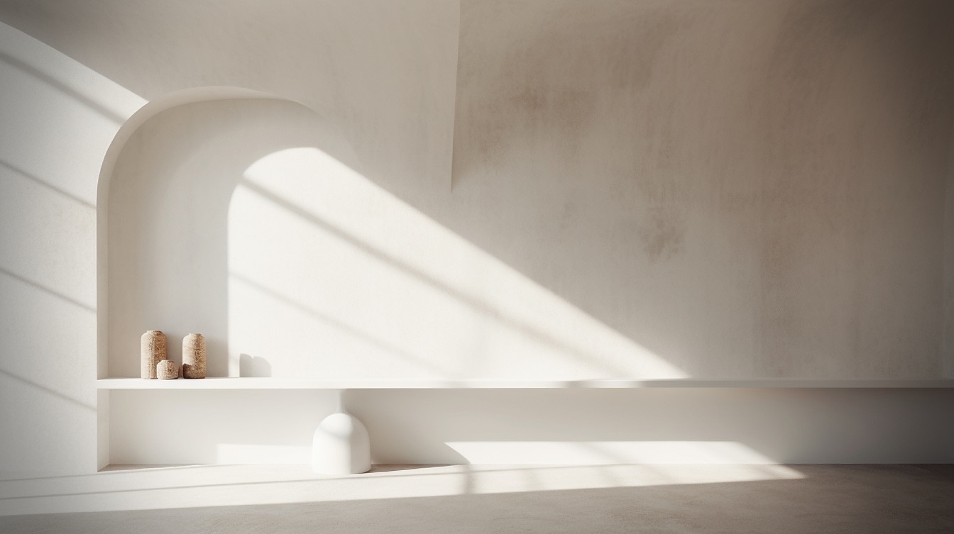 Мінімалізм, сучасний дизайн інтер’єру, біла полиця в бежевій кімнаті