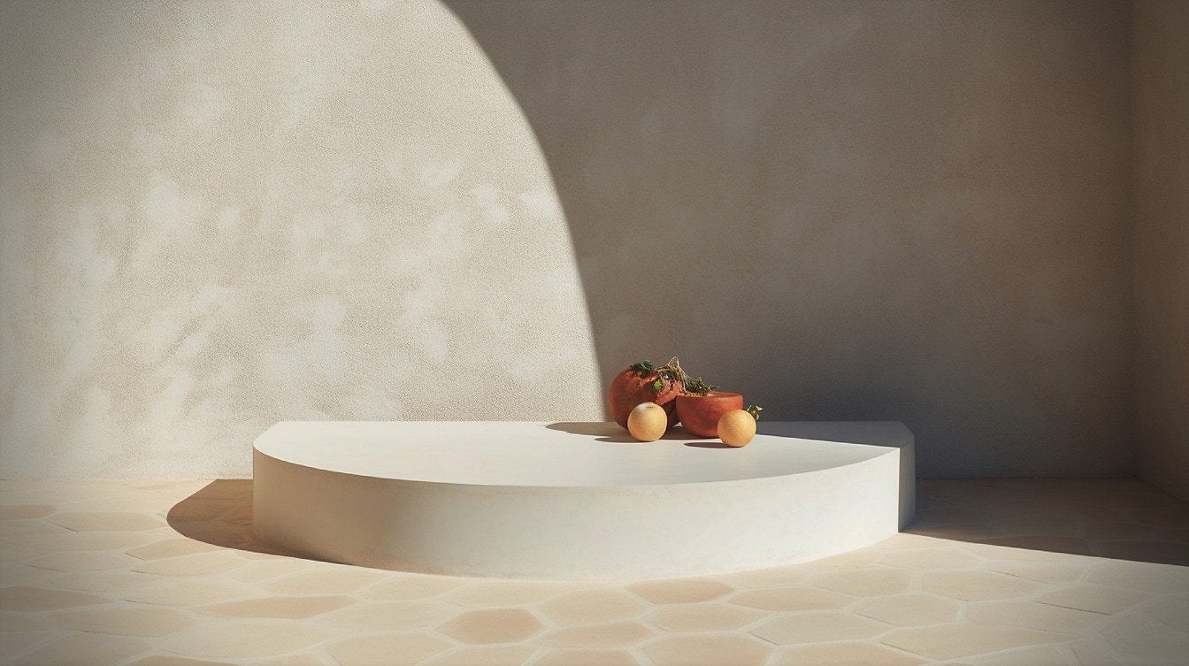 Pot bunga buah dan terakota dalam bayangan oleh dinding krem