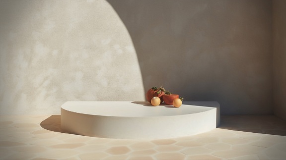 Fruit and terracotta flowerpots in shadow by beige wall