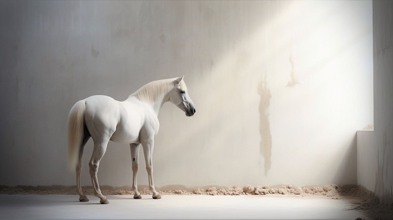 Čisto biely lipicanský kôň v béžovej miestnosti