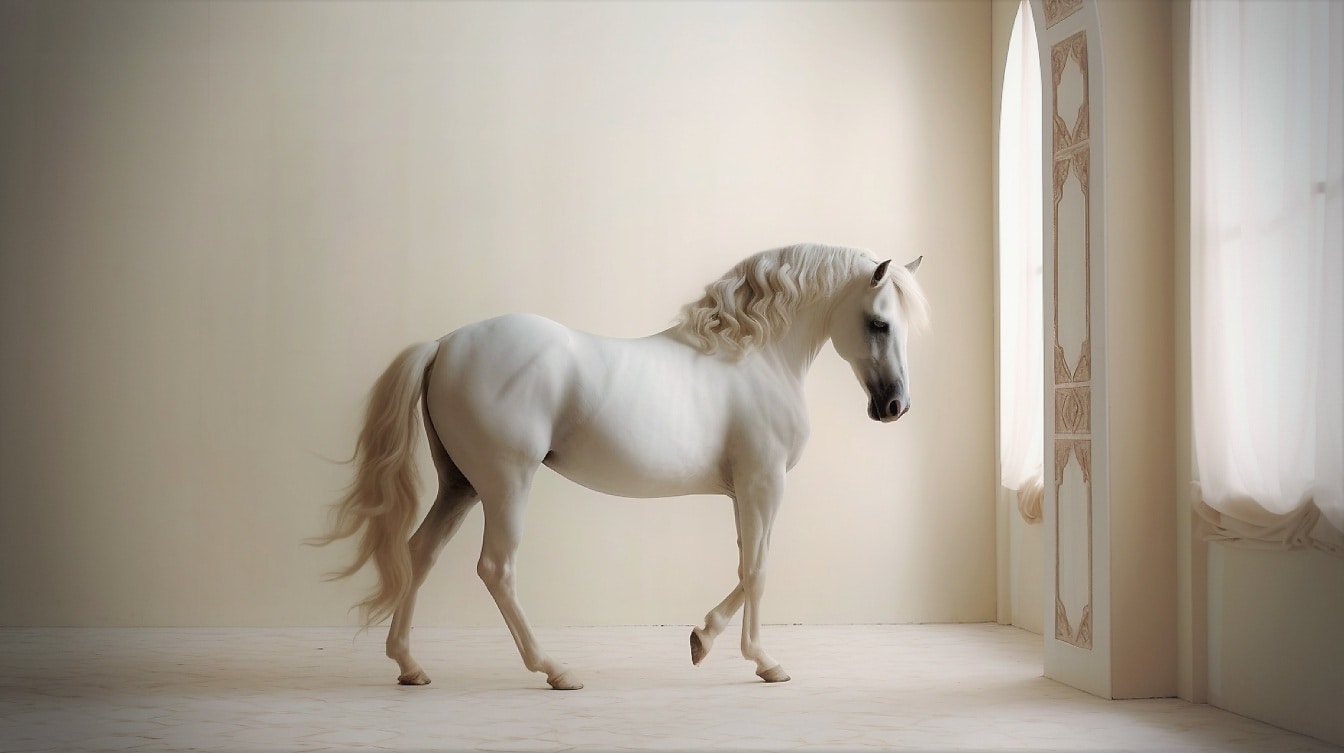 Fotomontaż białego konia ogiera andaluzyjskiego w pustym pomieszczeniu