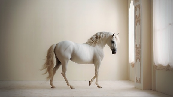 Photomontage of white Andalusian stallion horse in empty room