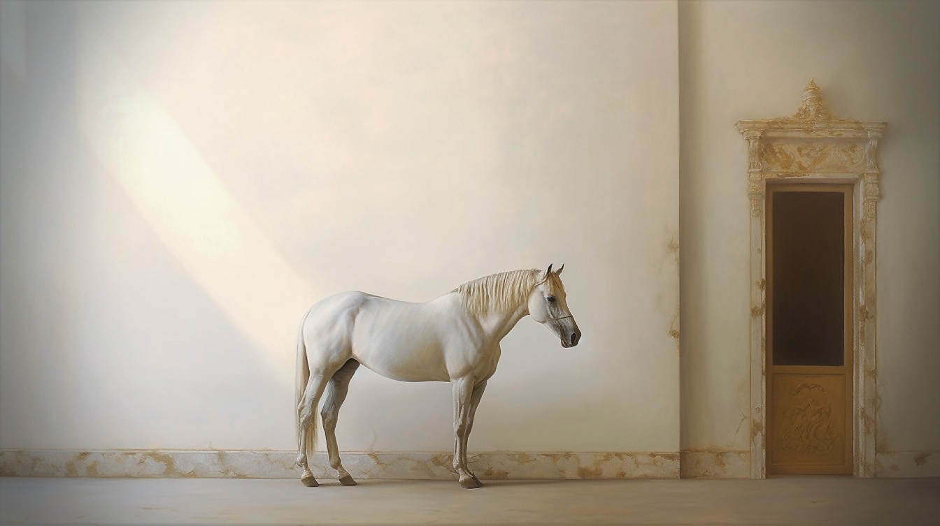 Slika bijelog konja u praznoj baroknoj sobi