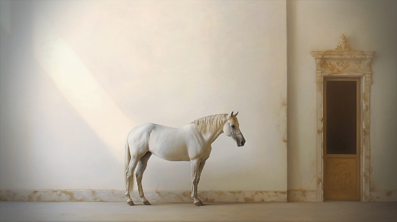 Illustration of white horse in empty baroque room