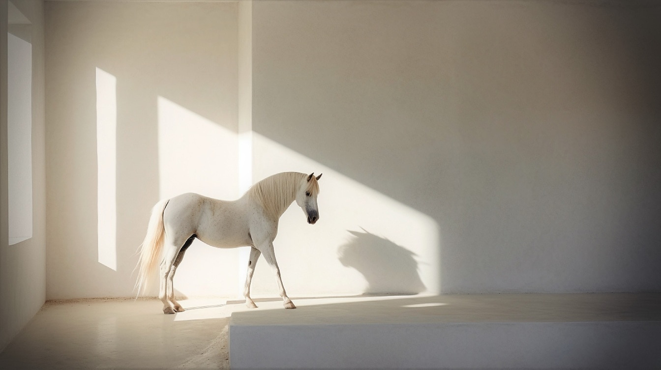 Biały koń lipicański w pustym białym pokoju w cieniu