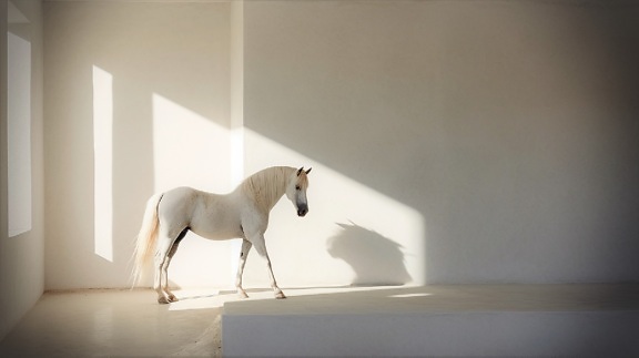 Cavallo lipizzano bianco in una stanza bianca vuota in ombra