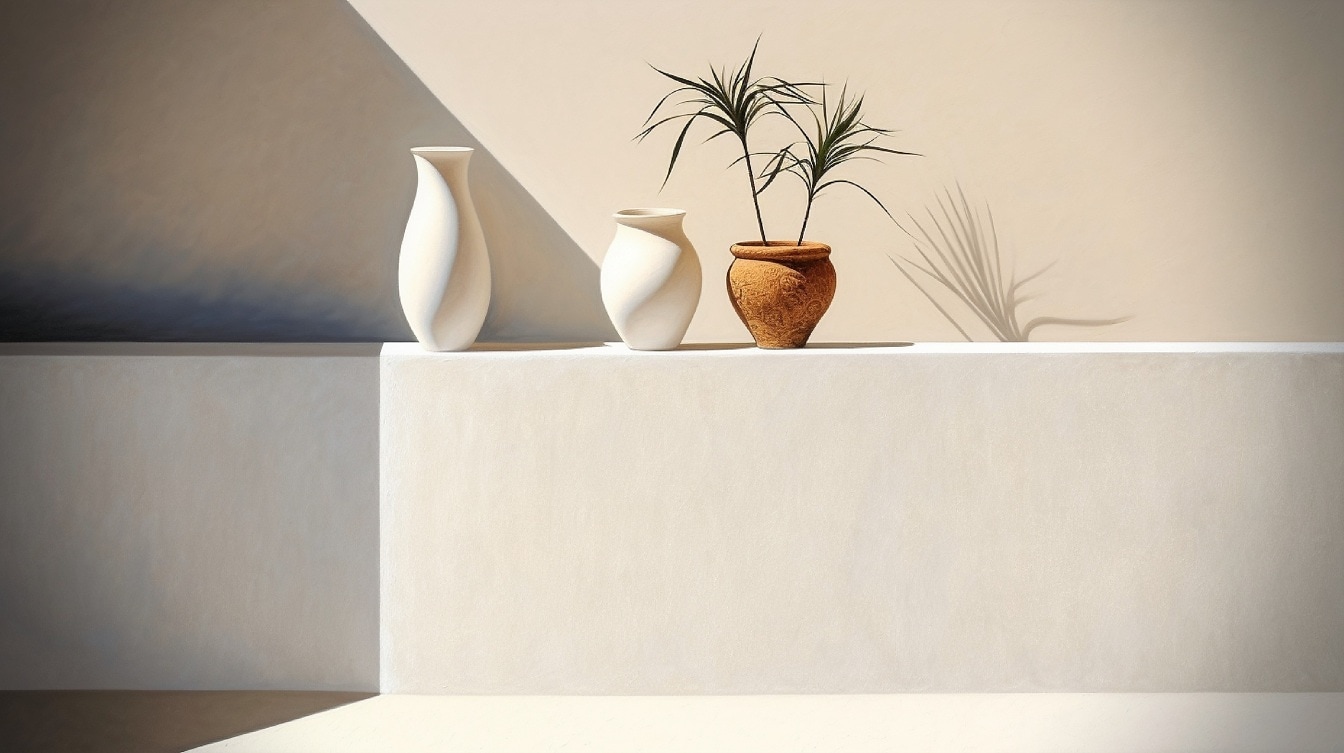 Three ceramic terracotta flowerpots by beige wall