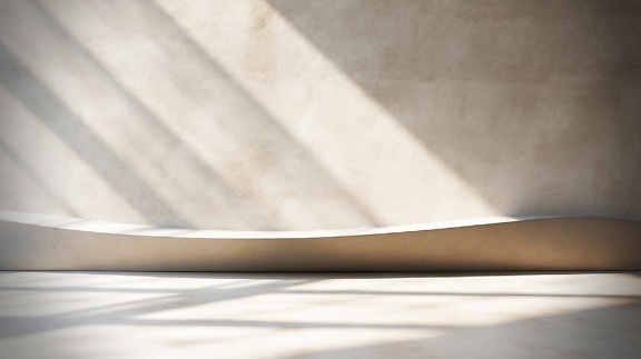 Futuristic curve object by beige wall with shadow in room