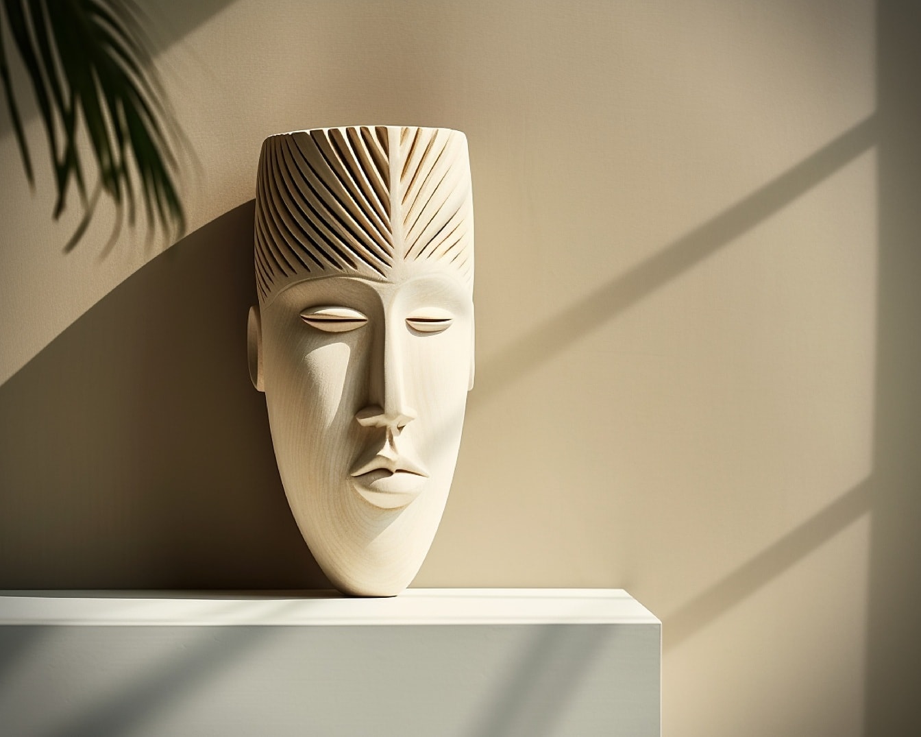 Máscara beige hecha a mano tallando obras de arte en el museo
