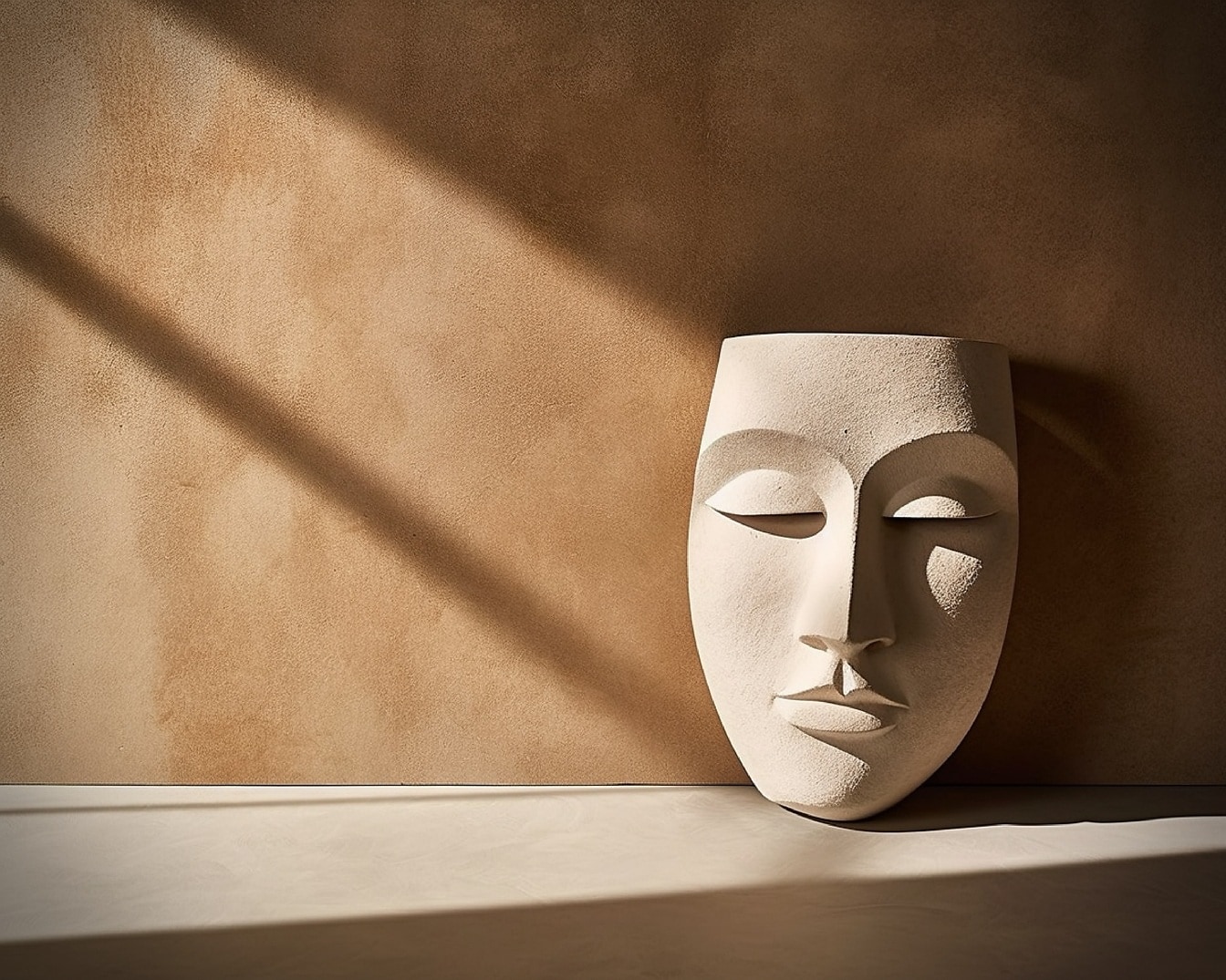 Beige terracotta masker in schaduw door lichtbruine muur