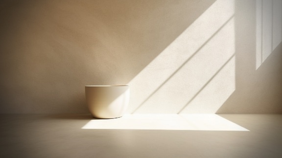 Round beige ceramic empty flowerpot in shadow