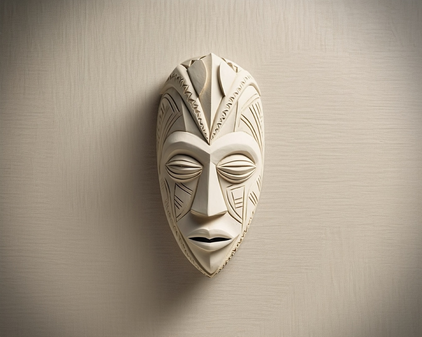 Handmade carving wooden face mask artwork on beige wall