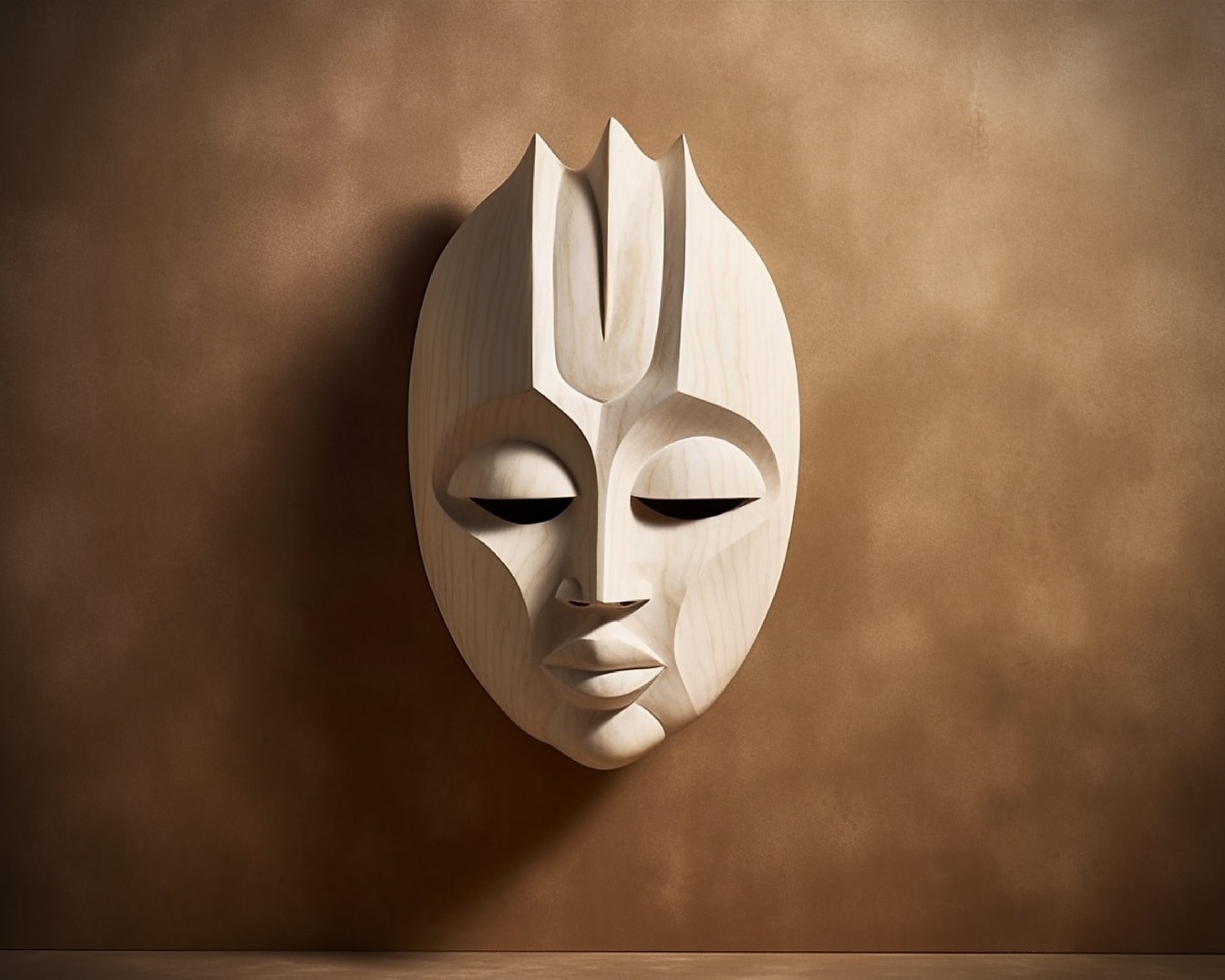 Fotomontagem de máscara facial africana bege na parede marrom claro