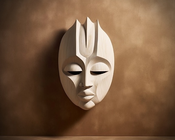 Photomontage of beige African face mask on light brown wall
