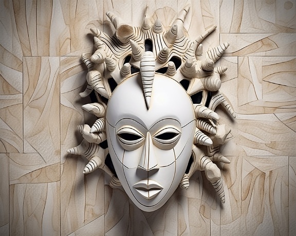 Detailný záber porcelánovej ručne vyrobenej masky na tvár