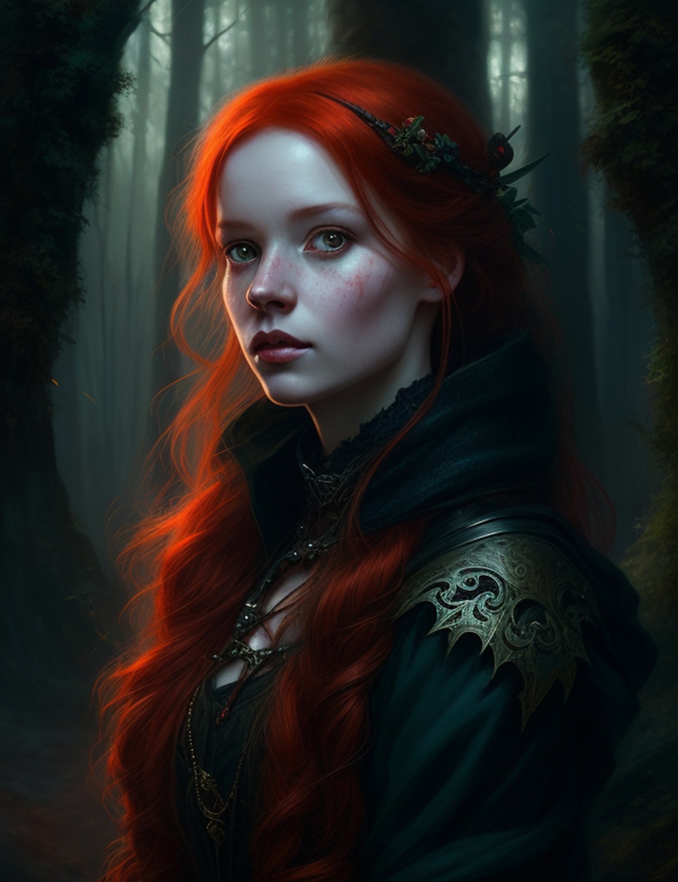 어두운 숲 속의 아름다운 빨간 머리