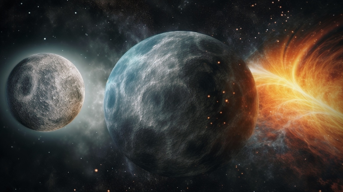 Bulan dan planet di galaksi dengan ledakan bintang di latar belakang