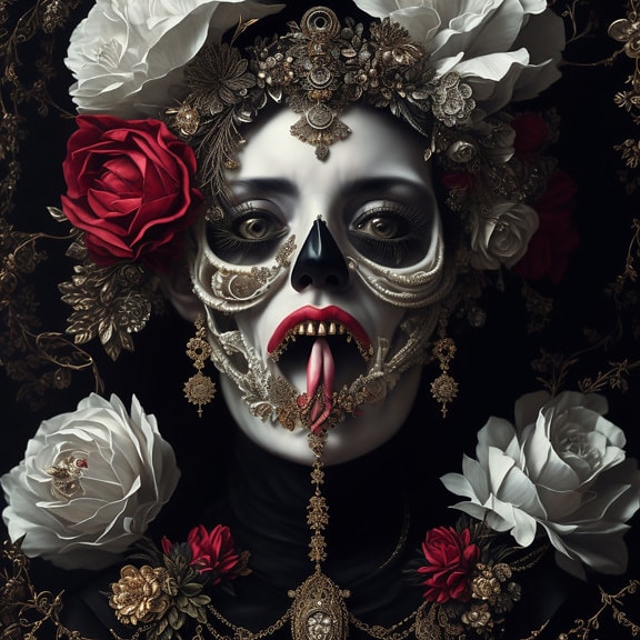 Baroque horror portrait of vampire woman with mask close-up