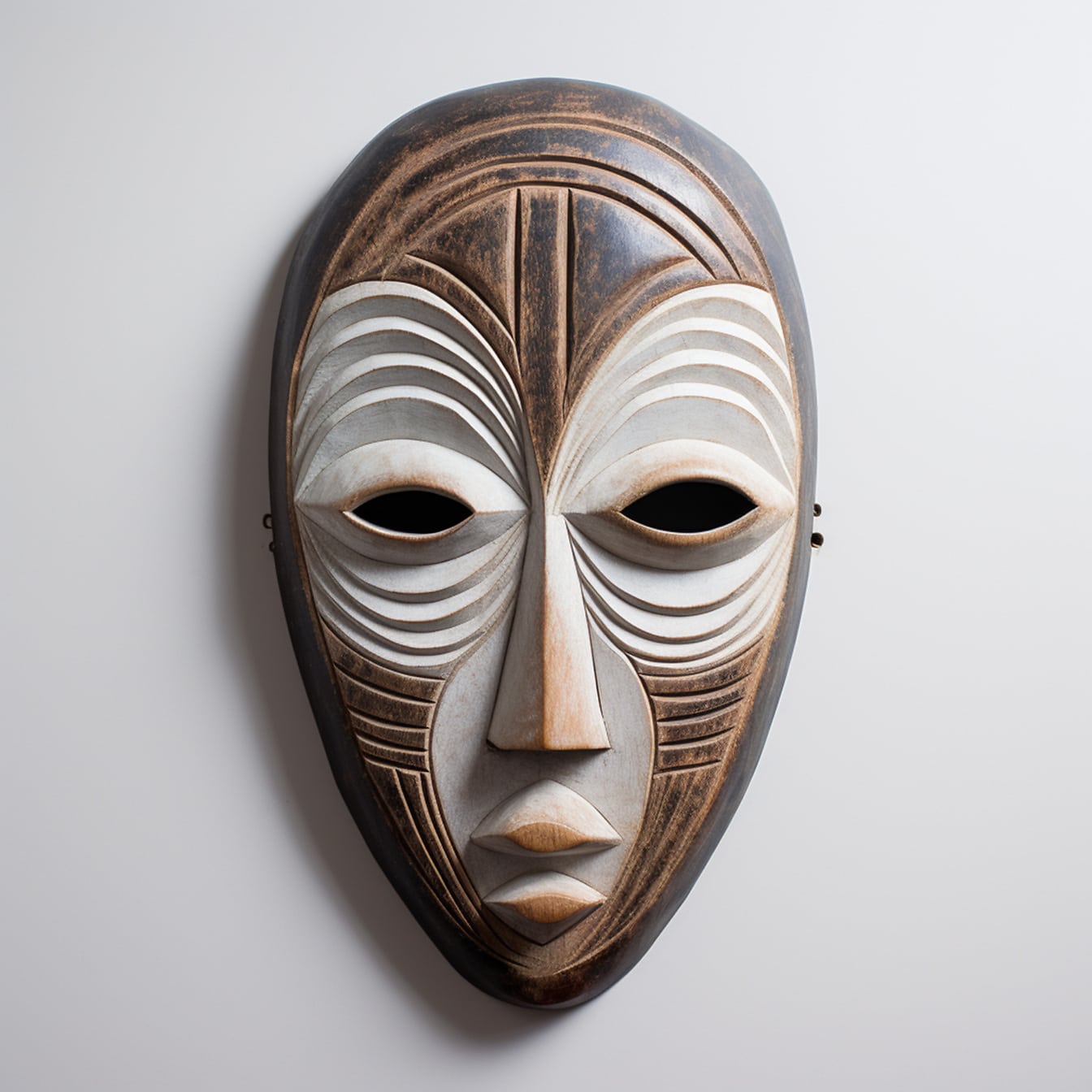 Masque facial en bois fait à la main marron clair et blanc en gros plan