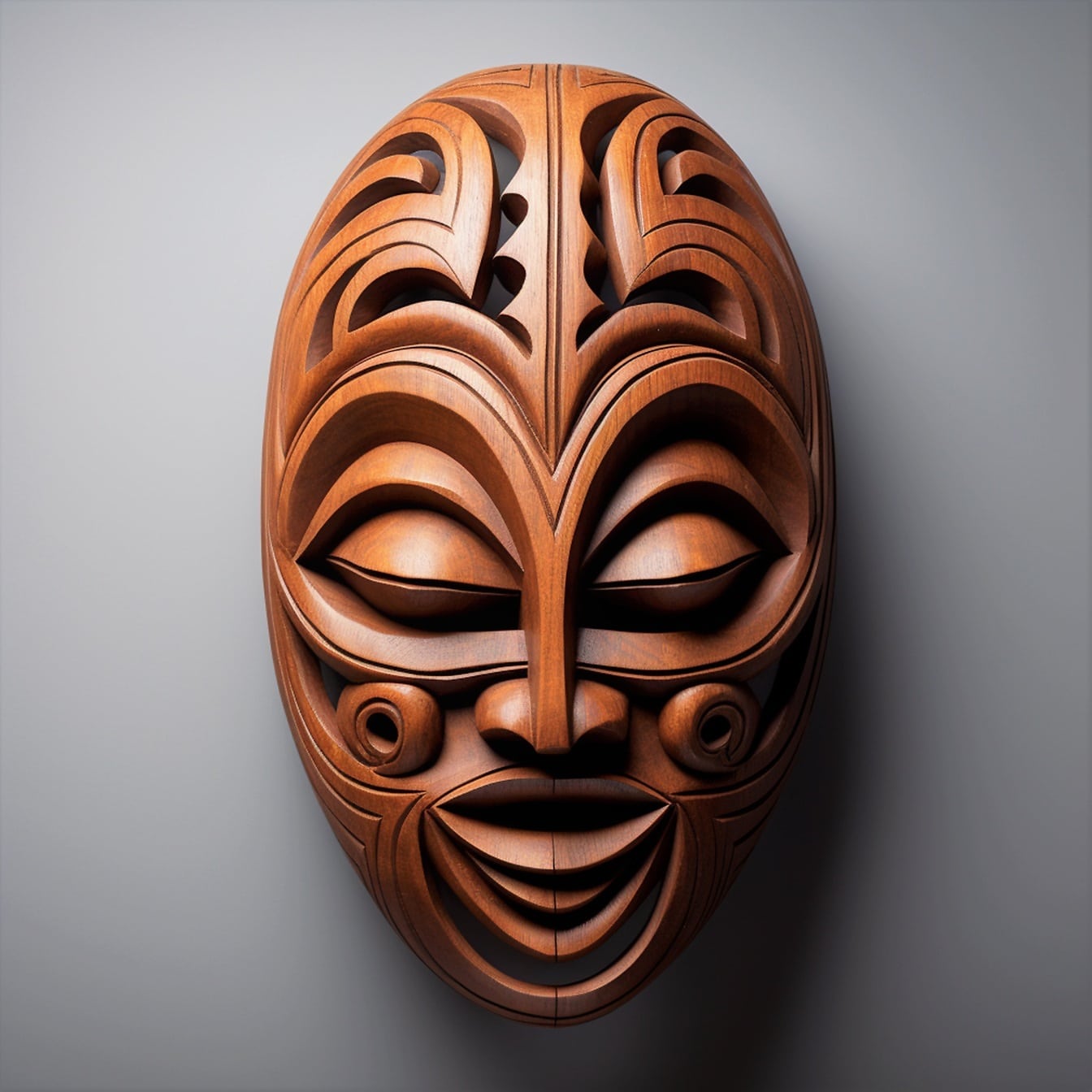 Máscara facial de madera divertida hecha a mano en primer plano
