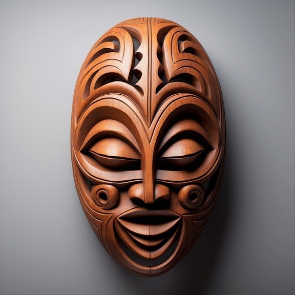 Handmade funny wooden face mask close-up