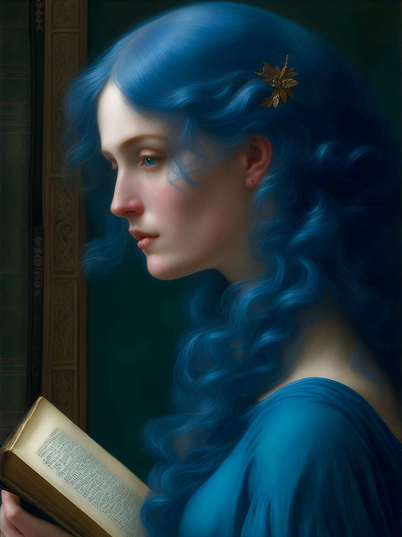 Pre – portret de femeie fantezie rafaelită cu coafură albastru închis