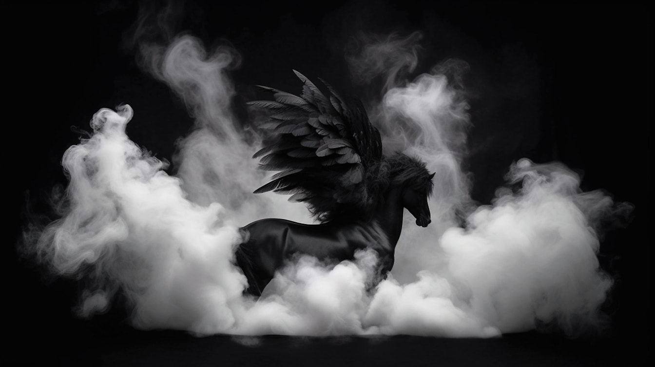 Mørk mytologi sidebilde av Pegasus i røyk