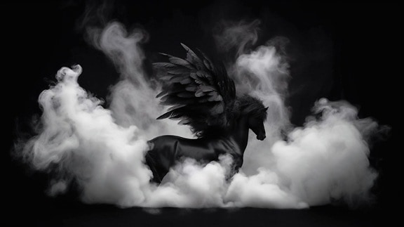 Sötét mitológia oldalnézeti illusztráció Pegazusról füstben