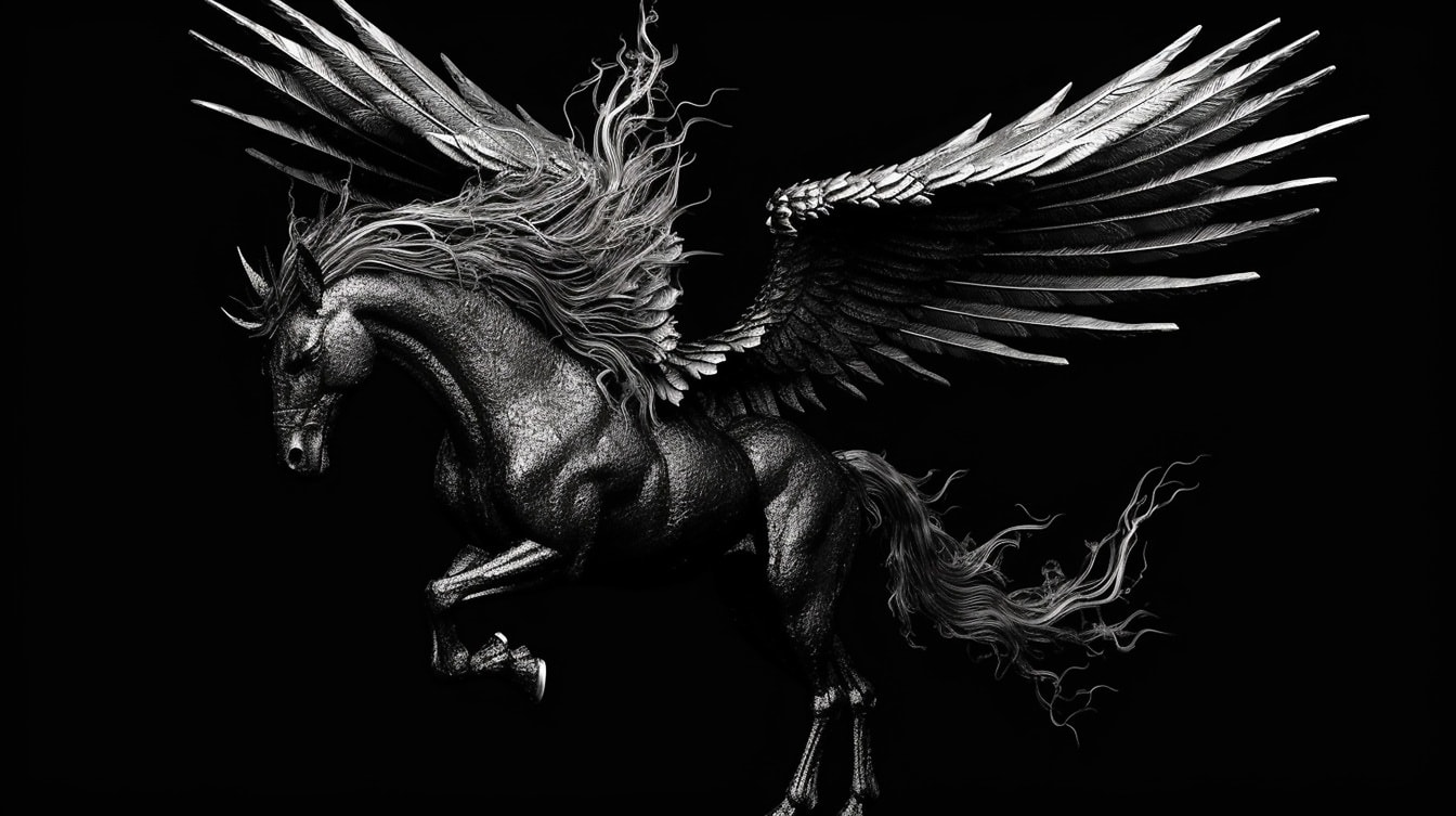 Ilustrasi horor monokrom tampak samping Pegasus