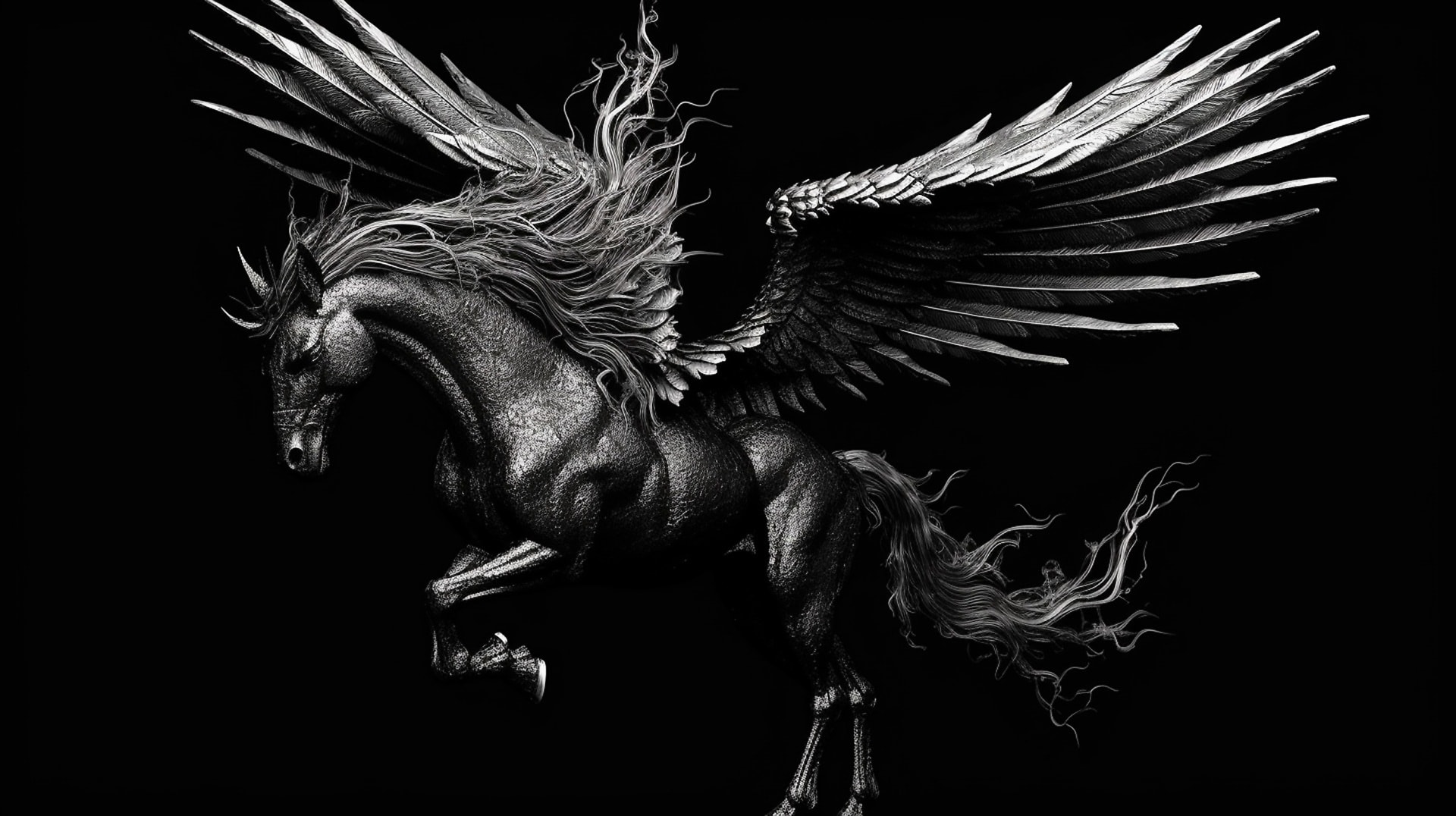 Free picture: Monochrome horror illustration of Pegasus side view