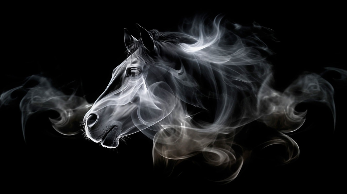 Ilustrasi transparan kepala kuda dalam asap dengan latar belakang hitam