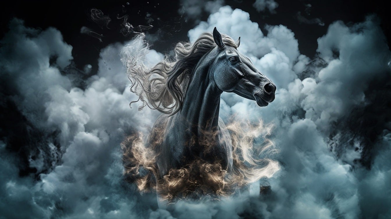 Fantasy abstraktní ilustrace koně běžícího v ohni a kouři