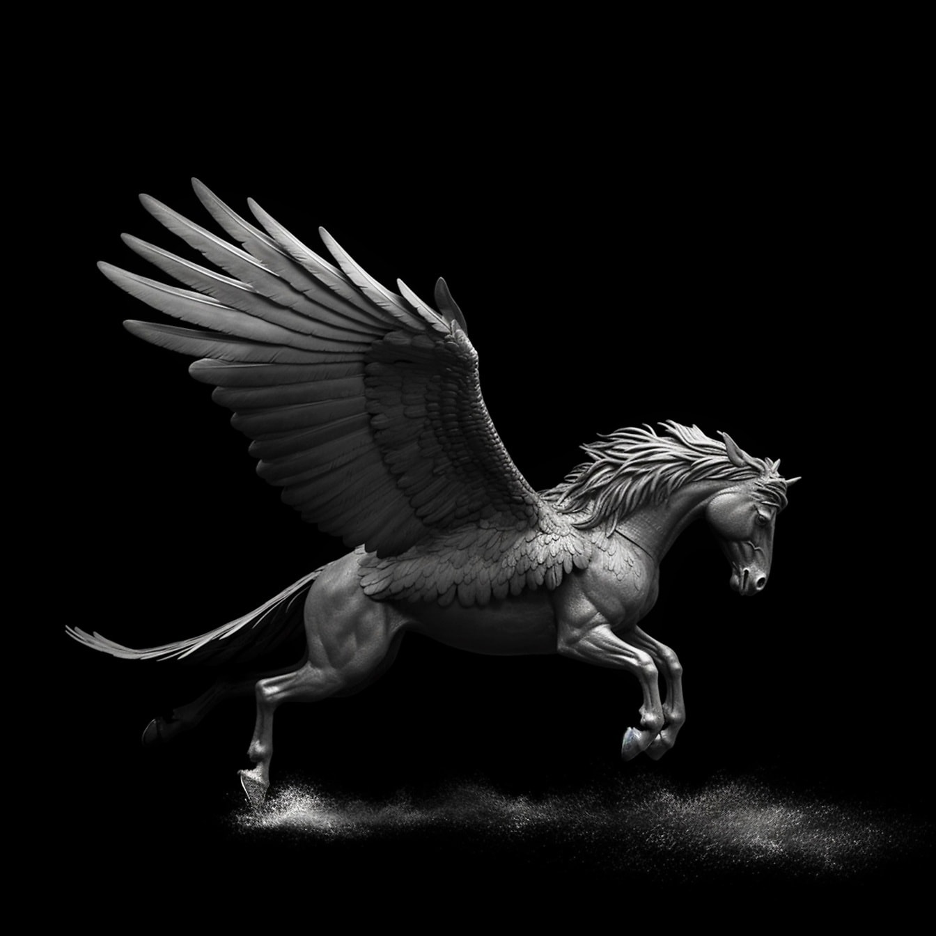 Schwarz-Weiß-Illustration der Skulptur des Pegasus