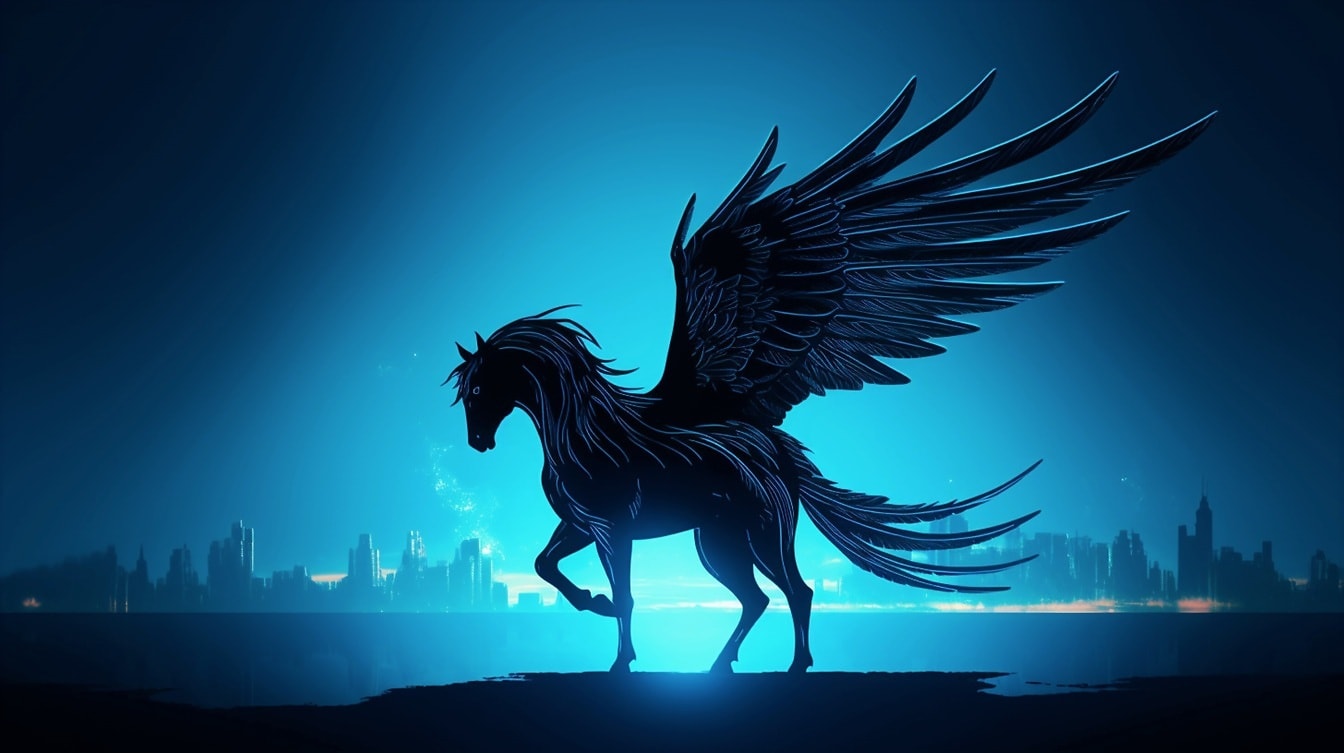 Fotomontagem de Pegasus preto com fundo azul escuro do céu