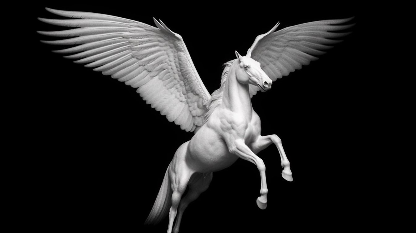 Hvit skulptur av Pegasus med mørk bakgrunn